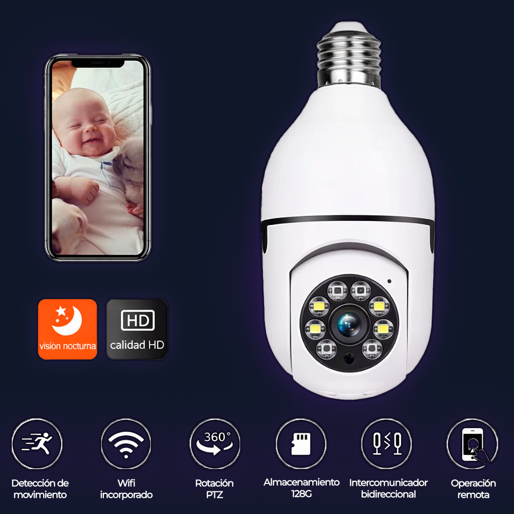 Cámara Espía Tipo Bombilla WiFi 360° con Visión Nocturna